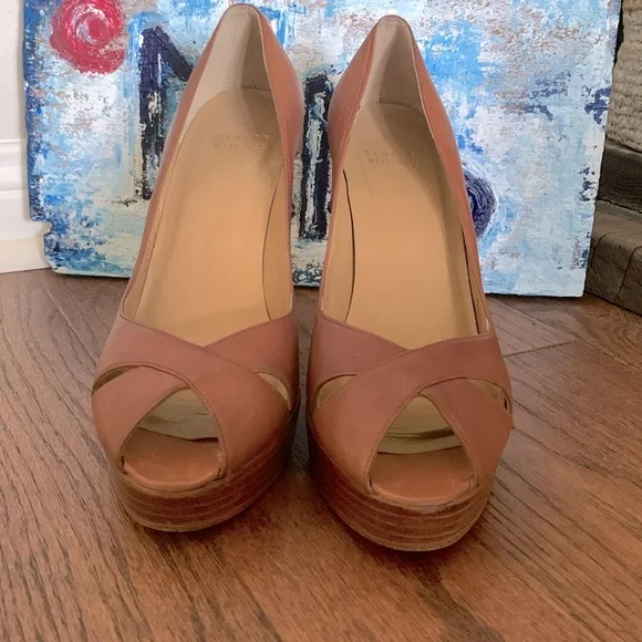 Stuart Weitzman Cognac Brown Leather Wood Stack Platform Heel Sz 8M Peep toe - Picture 3 of 14